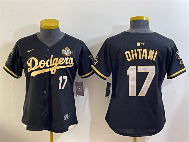 Women's Los Angeles Dodgers #17 Shohei Ohtani Black/Gold 2024 World Series Vin & Kobe Patch Limited Stitched Baseball Jersey(Run Small) Women's Los Angeles Dodgers #17 Shohei Ohtani Black/Gold 2024 World Series Vin & Kobe Patch Limited Stitched Baseball Jersey(Run Small)